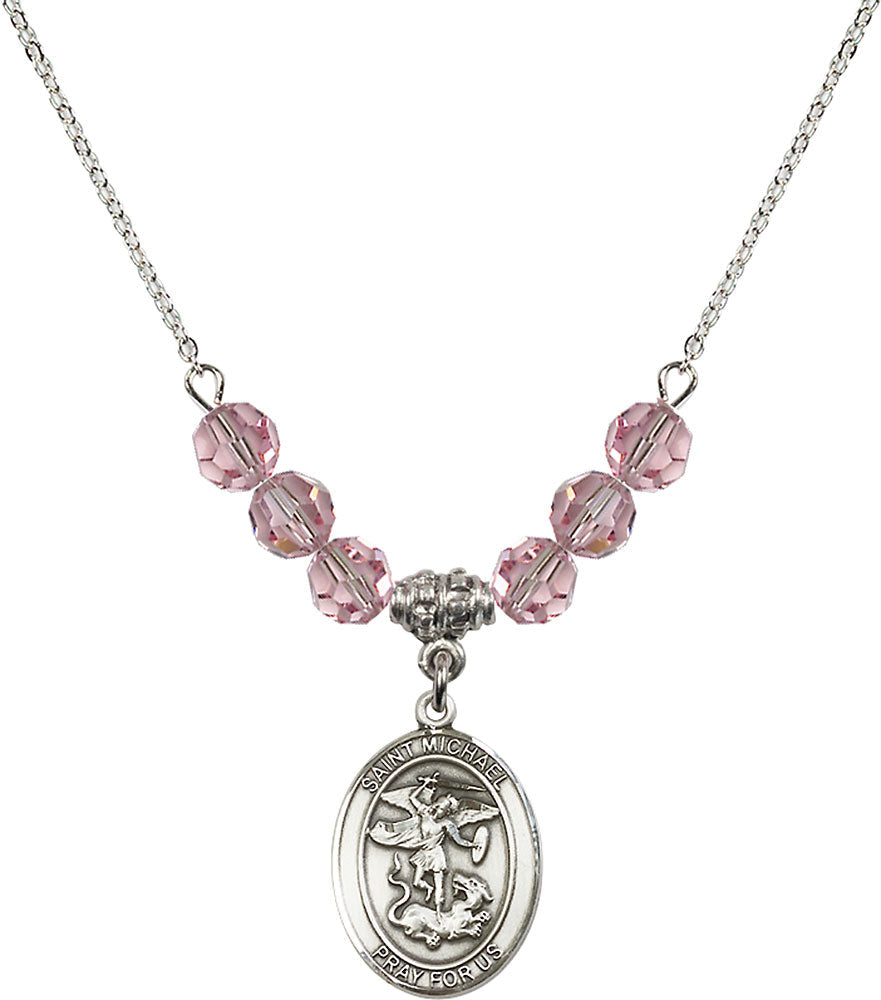Sterling Silver Saint Michael the Archangel Birthstone Necklace with Light Rose Beads - 8076