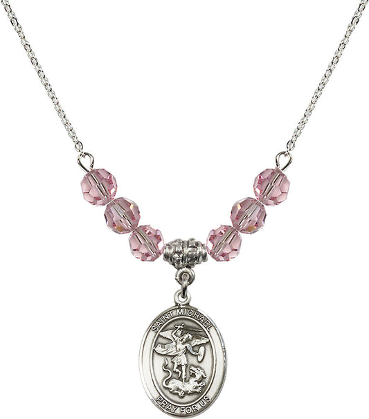 Sterling Silver Saint Michael the Archangel Birthstone Necklace with Light Rose Beads - 8076