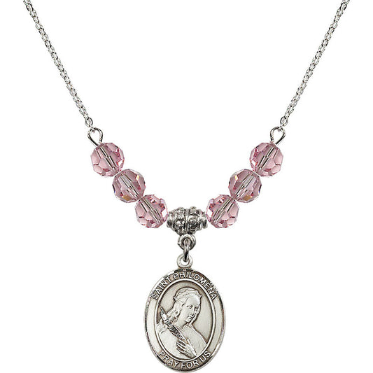 Sterling Silver Saint Philomena Birthstone Necklace with Light Rose Beads - 8077