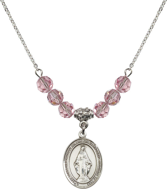 Sterling Silver Miraculous Birthstone Necklace with Light Rose Beads - 8078