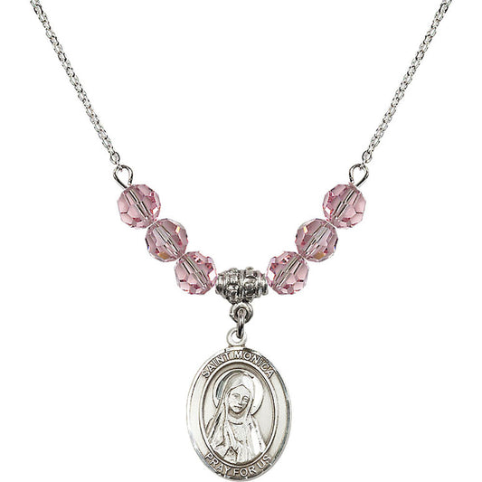 Sterling Silver Saint Monica Birthstone Necklace with Light Rose Beads - 8079
