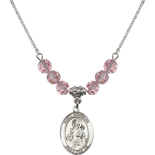 Sterling Silver Saint Nicholas Birthstone Necklace with Light Rose Beads - 8080