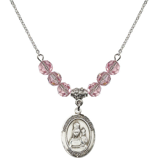 Sterling Silver Our Lady of Loretto Birthstone Necklace with Light Rose Beads - 8082
