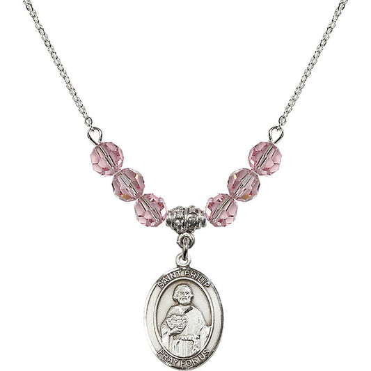 Sterling Silver Saint Philip the Apostle Birthstone Necklace with Light Rose Beads - 8083