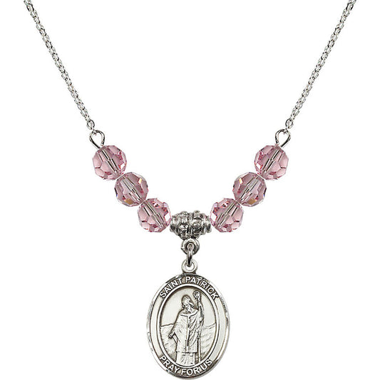 Sterling Silver Saint Patrick Birthstone Necklace with Light Rose Beads - 8084