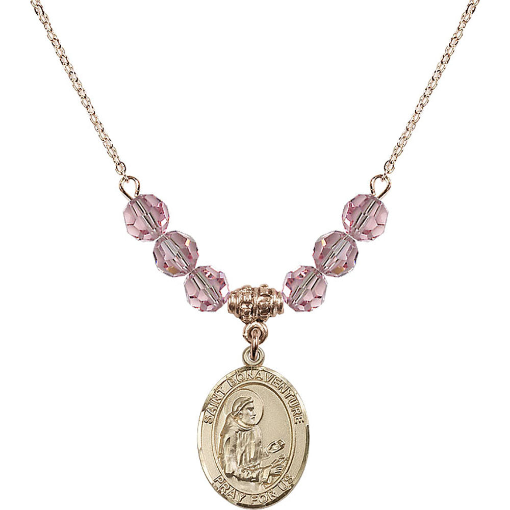 14kt Gold Filled Saint Bonaventure Birthstone Necklace with Light Rose Beads - 8085