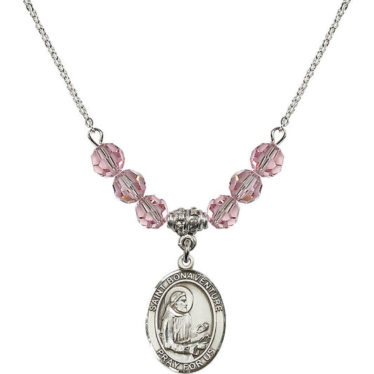 Sterling Silver Saint Bonaventure Birthstone Necklace with Light Rose Beads - 8085