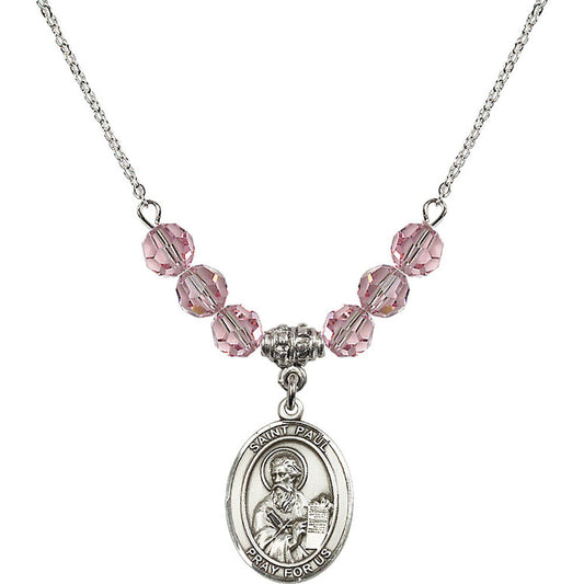 Sterling Silver Saint Paul the Apostle Birthstone Necklace with Light Rose Beads - 8086