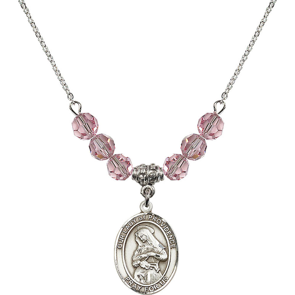 Sterling Silver Our Lady of Providence Birthstone Necklace with Light Rose Beads - 8087