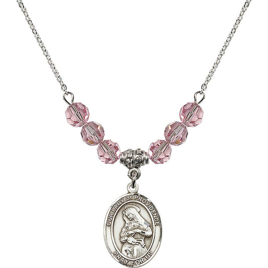 Sterling Silver Our Lady of Providence Birthstone Necklace with Light Rose Beads - 8087