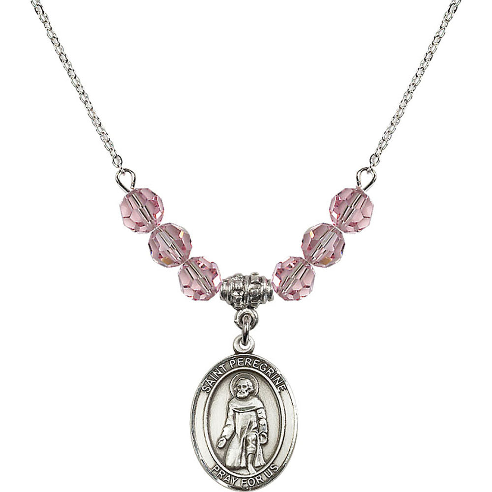 Sterling Silver Saint Peregrine Laziosi Birthstone Necklace with Light Rose Beads - 8088