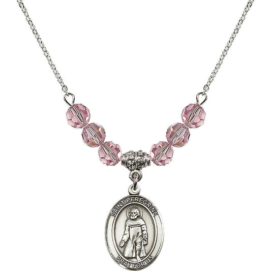 Sterling Silver Saint Peregrine Laziosi Birthstone Necklace with Light Rose Beads - 8088