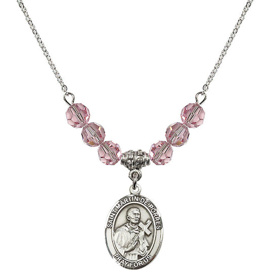 Sterling Silver Saint Martin de Porres Birthstone Necklace with Light Rose Beads - 8089