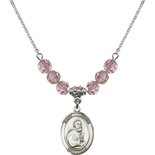 Sterling Silver Saint Peter the Apostle Birthstone Necklace with Light Rose Beads - 8090