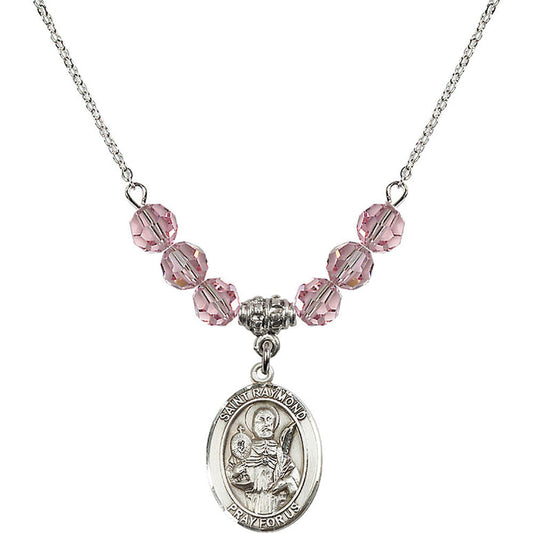 Sterling Silver Saint Raymond Nonnatus Birthstone Necklace with Light Rose Beads - 8091