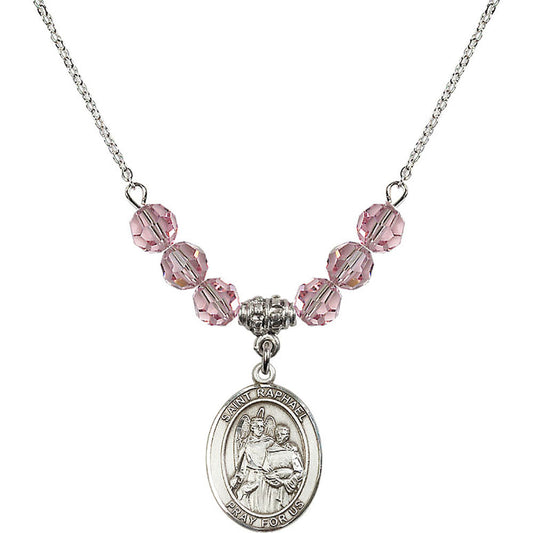 Sterling Silver Saint Raphael the Archangel Birthstone Necklace with Light Rose Beads - 8092