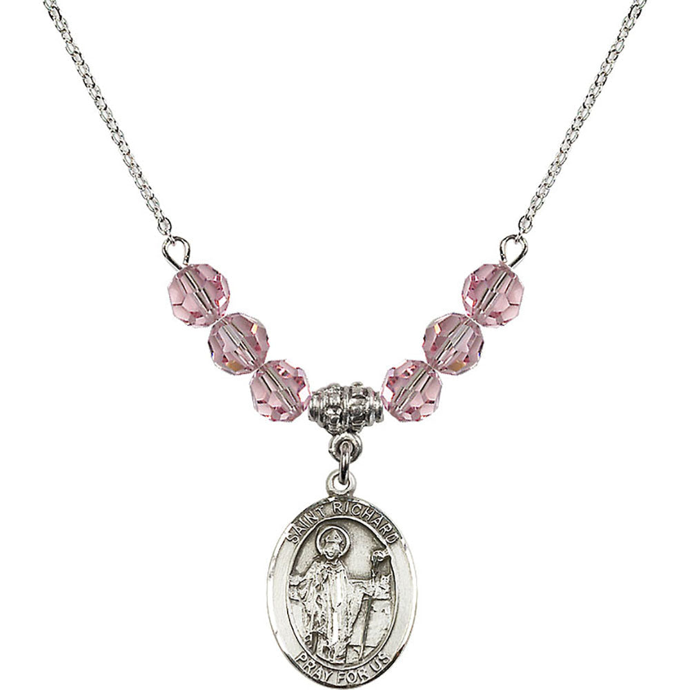 Sterling Silver Saint Richard Birthstone Necklace with Light Rose Beads - 8093