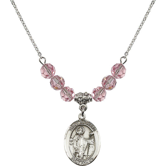 Sterling Silver Saint Richard Birthstone Necklace with Light Rose Beads - 8093