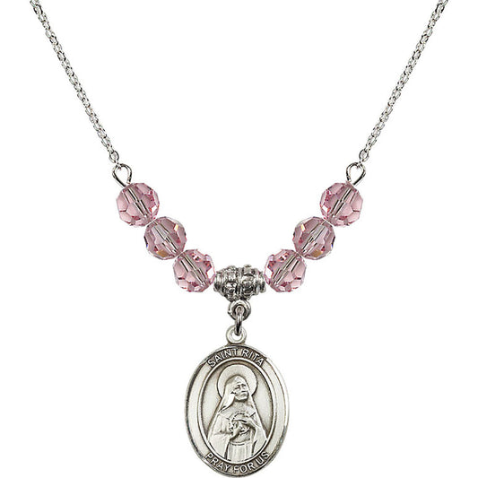 Sterling Silver Saint Rita of Cascia Birthstone Necklace with Light Rose Beads - 8094
