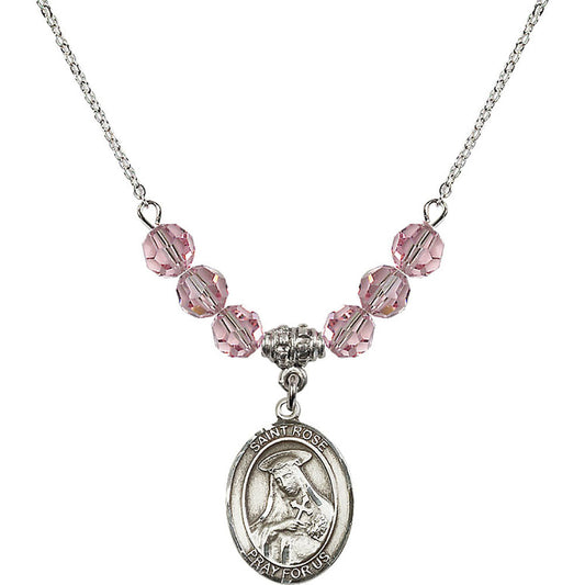 Sterling Silver Saint Rose of Lima Birthstone Necklace with Light Rose Beads - 8095