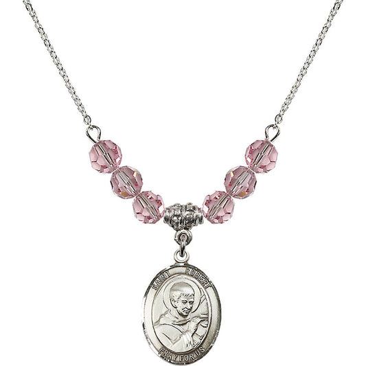 Sterling Silver Saint Robert Bellarmine Birthstone Necklace with Light Rose Beads - 8096