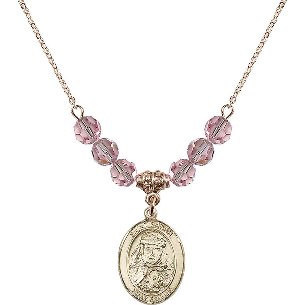 14kt Gold Filled Saint Sarah Birthstone Necklace with Light Rose Beads - 8097