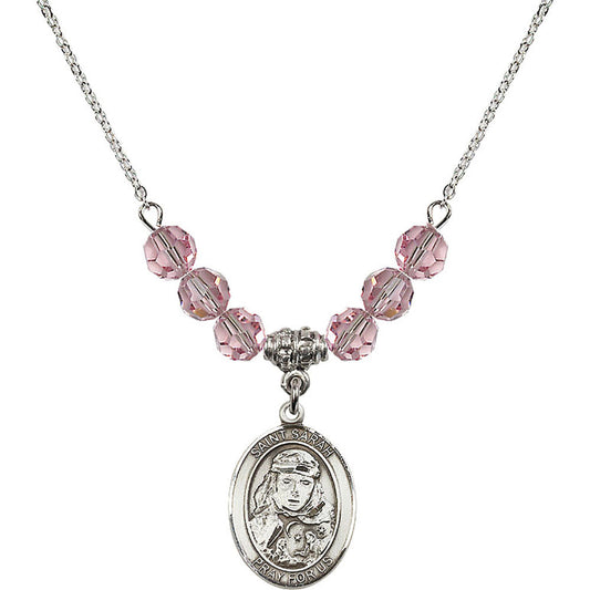 Sterling Silver Saint Sarah Birthstone Necklace with Light Rose Beads - 8097