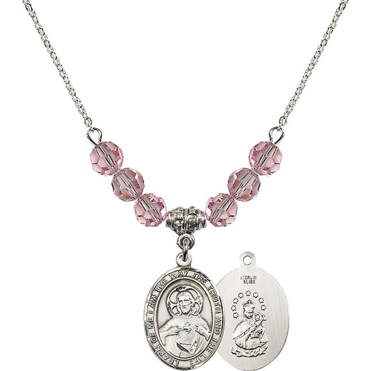 Sterling Silver Scapular Birthstone Necklace with Light Rose Beads - 8098