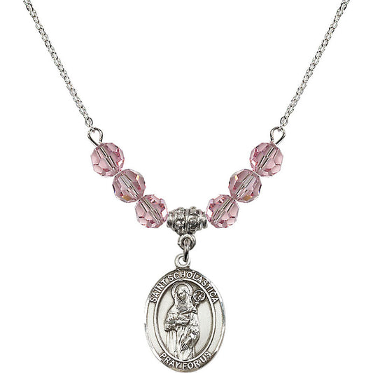 Sterling Silver Saint Scholastica Birthstone Necklace with Light Rose Beads - 8099