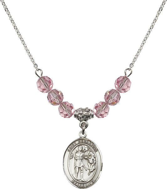 Sterling Silver Saint Sebastian Birthstone Necklace with Light Rose Beads - 8100