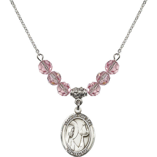 Sterling Silver Our Lady Star of the Sea Birthstone Necklace with Light Rose Beads - 8101