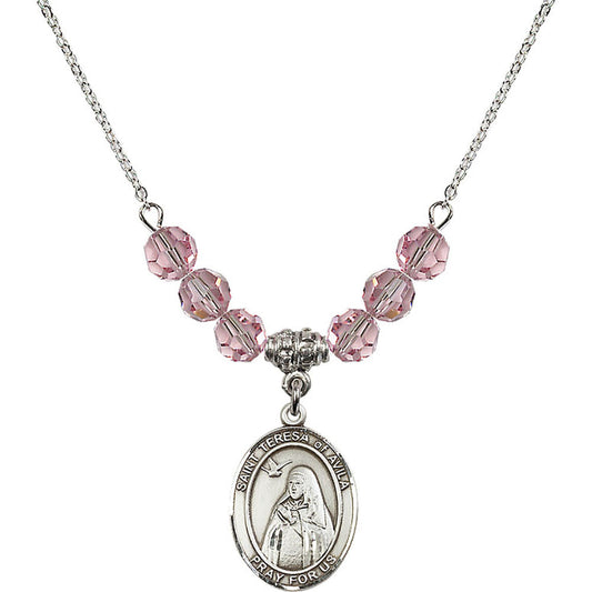 Sterling Silver Saint Teresa of Avila Birthstone Necklace with Light Rose Beads - 8102