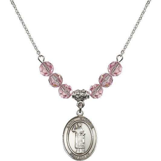 Sterling Silver Saint Stephen the Martyr Birthstone Necklace with Light Rose Beads - 8104
