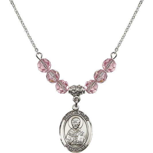 Sterling Silver Saint Timothy Birthstone Necklace with Light Rose Beads - 8105