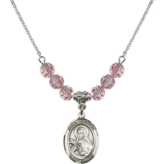 Sterling Silver Saint Theresa Birthstone Necklace with Light Rose Beads - 8106