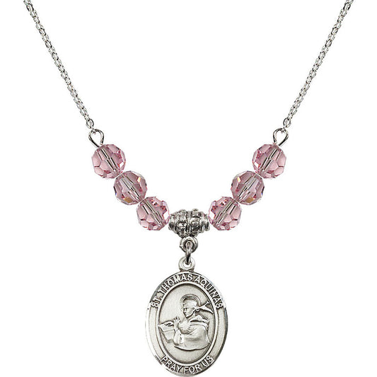 Sterling Silver Saint Thomas Aquinas Birthstone Necklace with Light Rose Beads - 8108