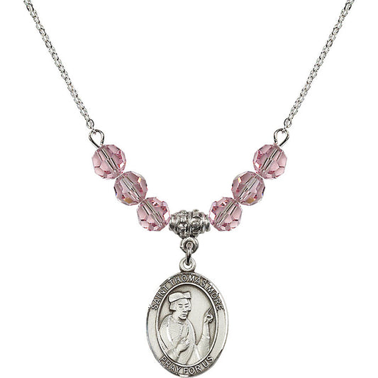 Sterling Silver Saint Thomas More Birthstone Necklace with Light Rose Beads - 8109