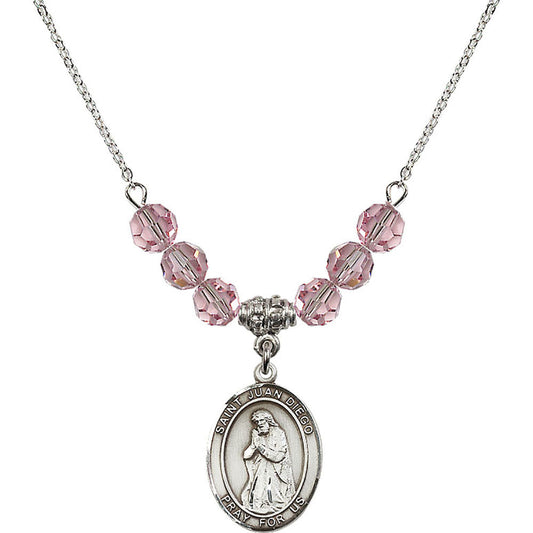 Sterling Silver Saint Juan Diego Birthstone Necklace with Light Rose Beads - 8111