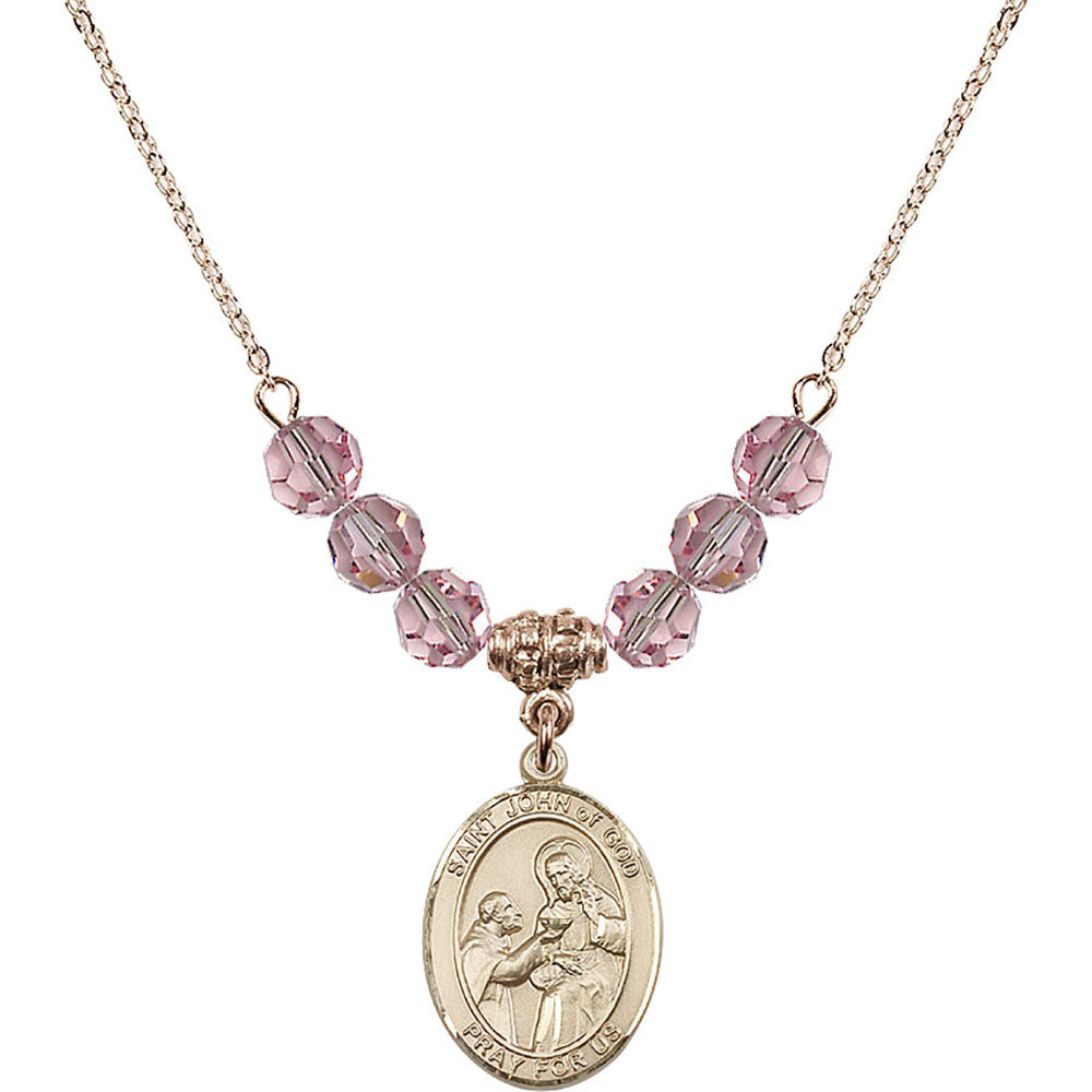 14kt Gold Filled Saint John of God Birthstone Necklace with Light Rose Beads - 8112