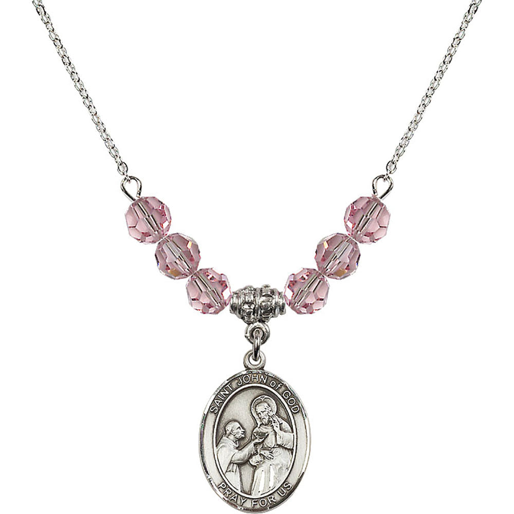 Sterling Silver Saint John of God Birthstone Necklace with Light Rose Beads - 8112