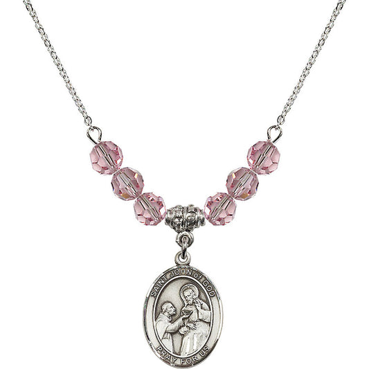 Sterling Silver Saint John of God Birthstone Necklace with Light Rose Beads - 8112