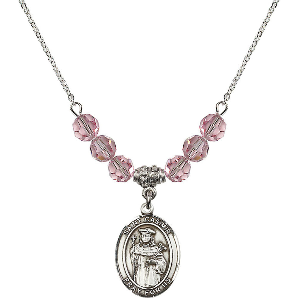 Sterling Silver Saint Casimir of Poland Birthstone Necklace with Light Rose Beads - 8113