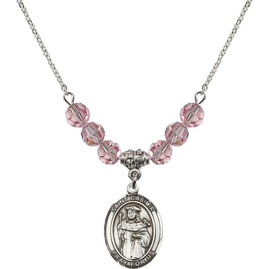 Sterling Silver Saint Casimir of Poland Birthstone Necklace with Light Rose Beads - 8113
