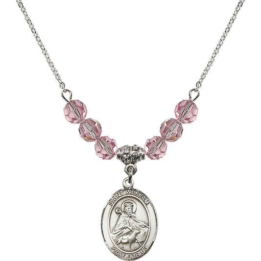Sterling Silver Saint William of Rochester Birthstone Necklace with Light Rose Beads - 8114