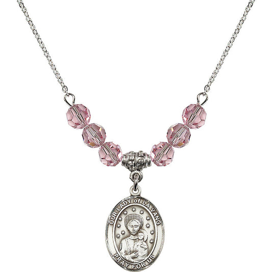 Sterling Silver Our Lady of la Vang Birthstone Necklace with Light Rose Beads - 8115
