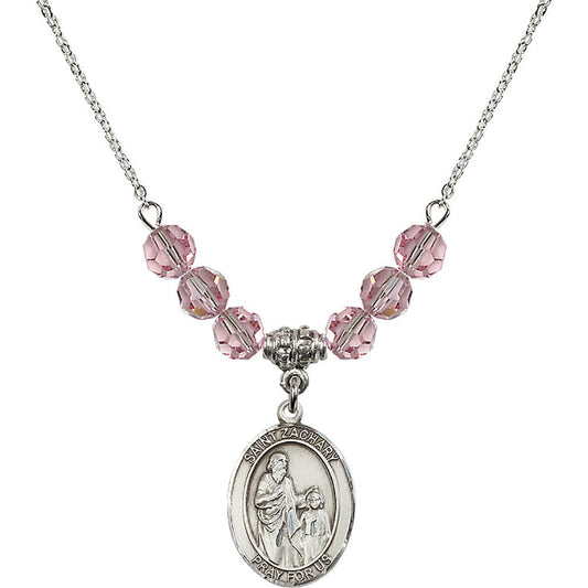 Sterling Silver Saint Zachary Birthstone Necklace with Light Rose Beads - 8116