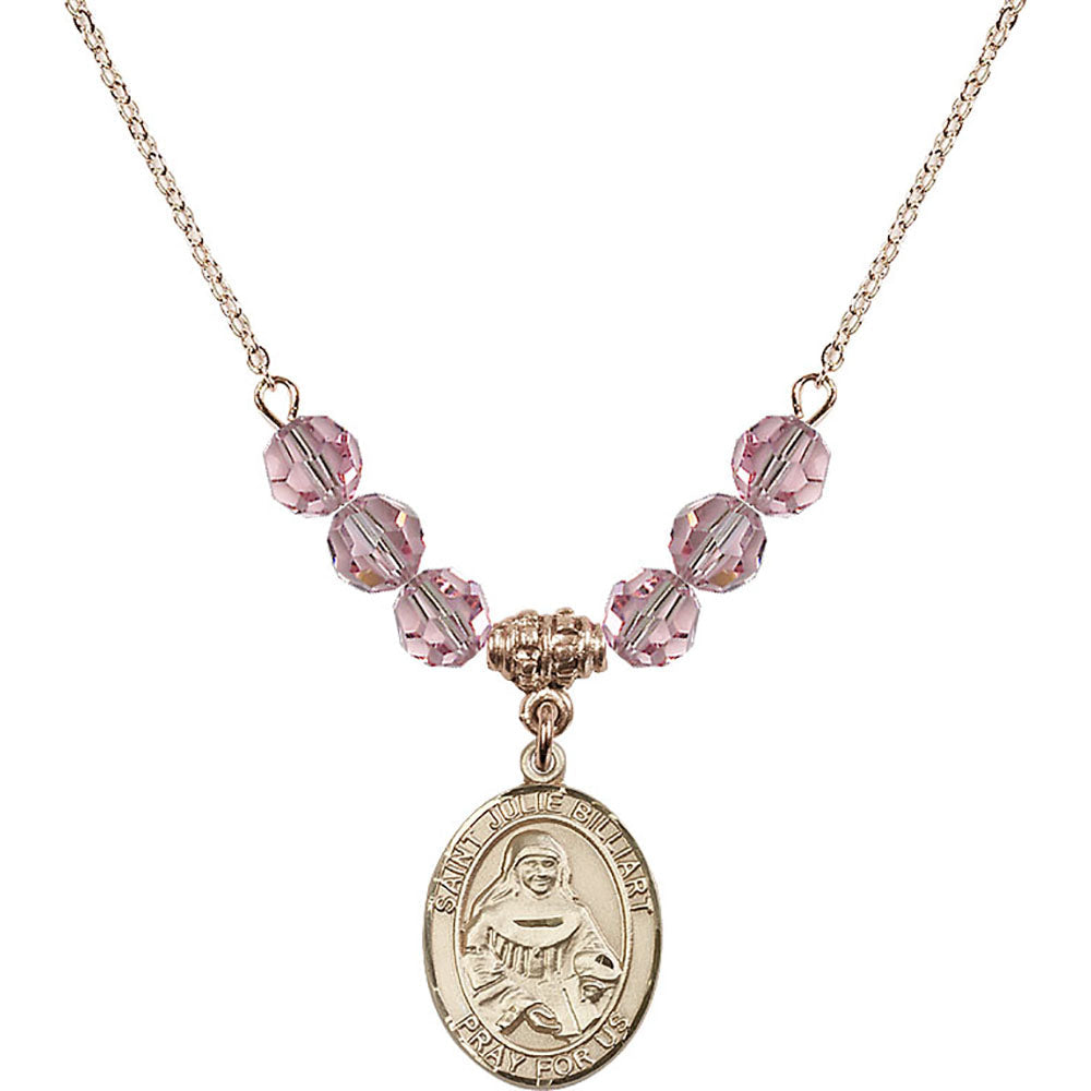 14kt Gold Filled Saint Julie Billiart Birthstone Necklace with Light Rose Beads - 8117