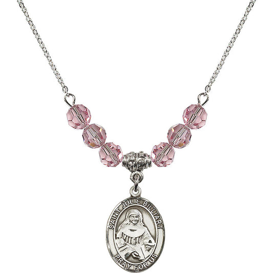 Sterling Silver Saint Julie Billiart Birthstone Necklace with Light Rose Beads - 8117