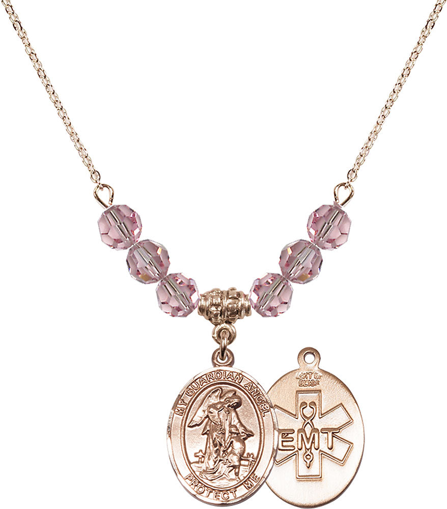 14kt Gold Filled Guardian Angel / EMT Birthstone Necklace with Light Rose Beads - 8118