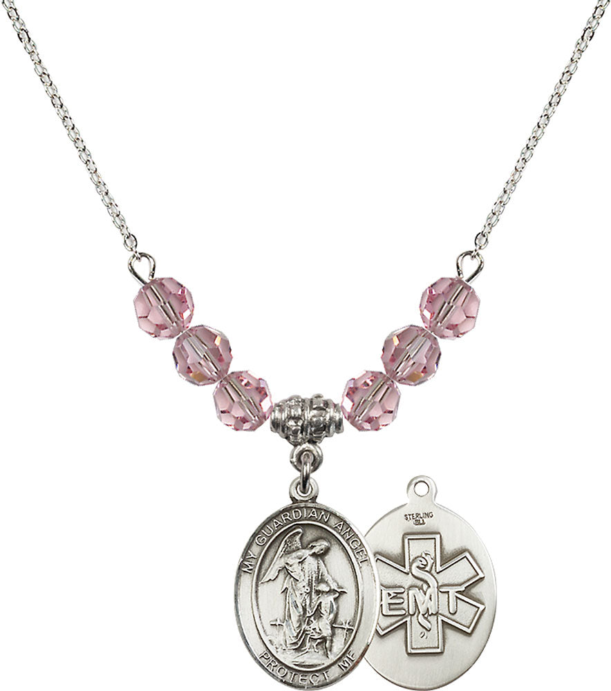 Sterling Silver Guardian Angel / EMT Birthstone Necklace with Light Rose Beads - 8118